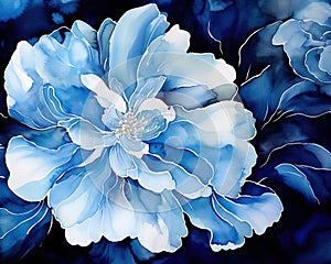 large white flower and dark blue background are drawn in alcohol ink.