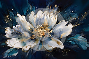 Large white flower and dark blue background, drawn in alcohol ink, art.