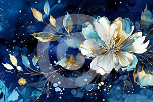 Large white flower and dark blue background, drawn in alcohol ink, art.