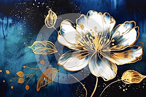 Large white flower and dark blue background, drawn in alcohol ink, art.