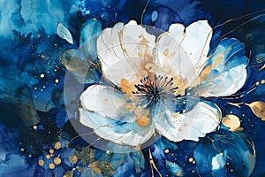 Large white flower and dark blue background, drawn in alcohol ink, art.