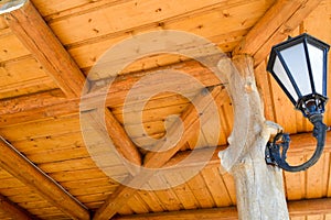 A large white glass iron metal forged street lamp with a plafond on the background of a wooden yellow ceiling made of boards, logs