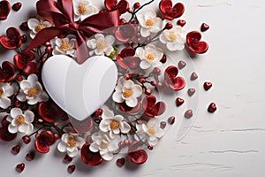 Large white heart around plant with white and red flowers. Tiny tiny red hearts.Valentine\'s Day banner with space for you