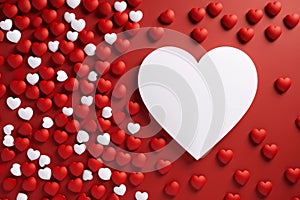 Large white heart around scattered, small red white hearts, red background.Valentine\'s Day banner with space for your own co