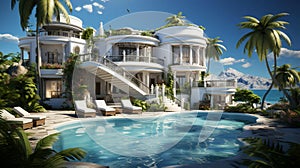 Large white holiday villa, relaxing holiday home surrounded by palm trees