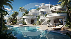 Large white holiday villa, relaxing holiday home surrounded by palm trees