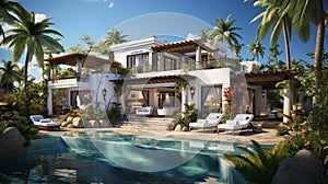 Large white holiday villa, relaxing holiday home surrounded by palm trees