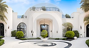 A large white house with a circular driveway created with Generative AI technology