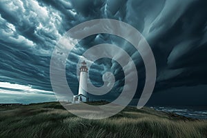 A large white lighthouse stands tall under a cloudy sky, providing a guiding light to seafarers, Rolling storm clouds approaching