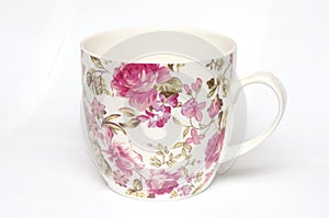 A large white mug with pink floral printings