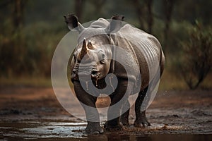Large White Rhino Walks In Mud
