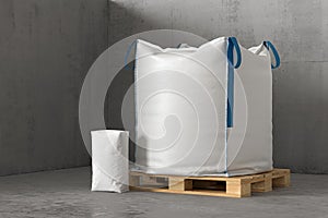 Two white sacks on the concrete floor. 3d render