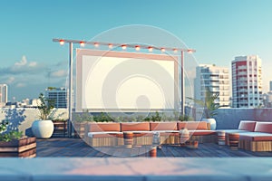 A large white screen is on a rooftop in a city with Generative AI