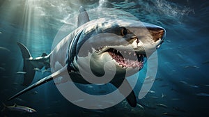 Large white shark. Great white shark with open mouth. Watch out sharks. Shark attack. generative ai