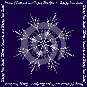 Large white snowflake on a dark blue background with a frame of wishes written in white letters