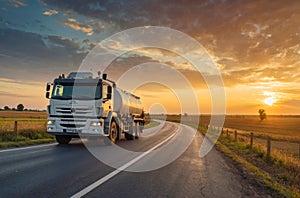 A large white truck is driving down a road with a beautiful sunset in the background