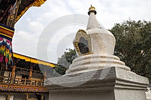 Large white-washed stupa and bodhi tree in the first courtyard of Punakha Dzong, Bhutan