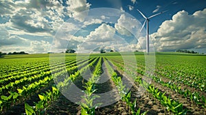 A large wind turbine towering over a field filled with neatly planted rows of corn representing the use of renewable