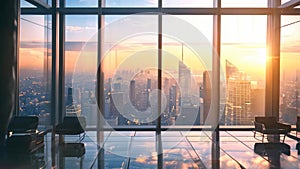 A large window in a high-rise building providing a panoramic view of a bustling city below, High-rise corporate office with large