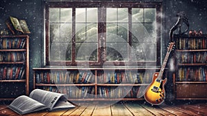 Large window in a library with electric guitar propped up against shelf. Lots of books. Cold winter image with look of snow inside