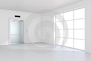 Large window with light on floor near of empty elevator cabin