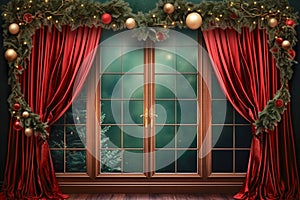 large window with red curtain and christmas decoration