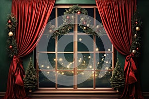 large window with red curtain and christmas decoration