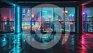 A large window showcases a beautiful view of a city at night