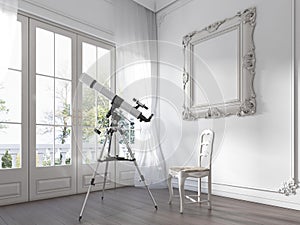 A large window and a telescope in the nursery room.