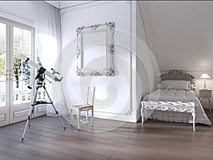 A large window and a telescope in the nursery room.