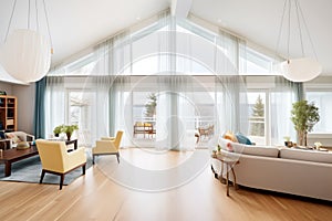 large windows with sheer curtains in an openplan space photo
