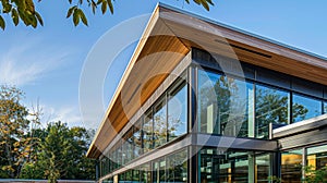 Large windows and slanted roofs allow for natural light and rainwater to seamlessly integrate into the building photo
