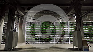 Large wired internet datacenter storage. Cryptocurrency mining equipment on large farm. ASIC miners on stand racks mine