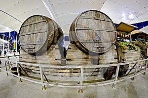 Large wooden barrels of wine in Italy