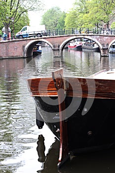 Large wooden boat in Amsterdam, Prinsengracht canal