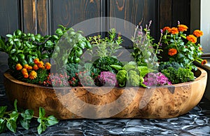 Large wooden bowl is filled with fresh herbs and flowers