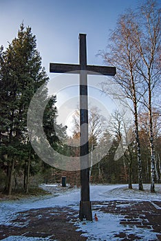 A large wooden cross at Bergen Belsen Concentration Camp
