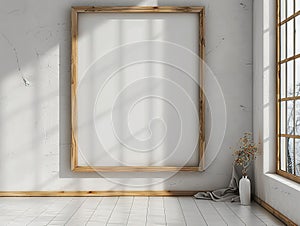 Large wooden frame mockup in bright interior with sunlight and shadows on the wall. 3d rendering