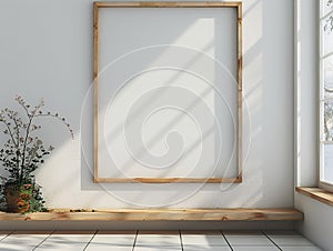 Large wooden frame mockup on the white wall in bright interior. 3d render