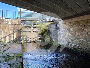 Large wooden gate, on the Rochdale Canal in, Littleborough, Rochdale, UK