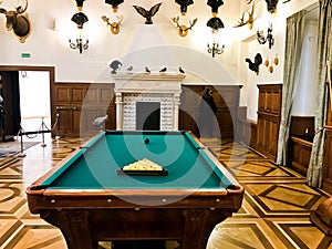 A large wooden massive expensive billiard table for playing billiards in a room with a fireplace and hunting trophies