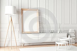 Large Wooden poster Frame Mockup standing on the white bureau