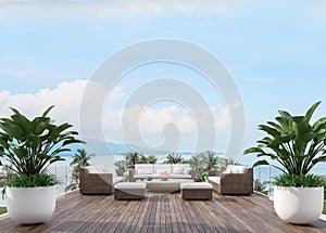 Large wooden terrace with sea view 3d render