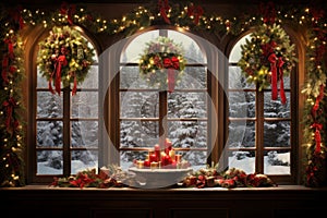 Large wooden window with Christmas decoration and window sill with decor and candles, overlooking a snowy forest