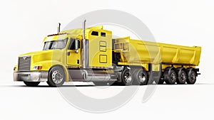 Large yellow American truck with a trailer type dump truck for transporting bulk cargo on a white background. 3d