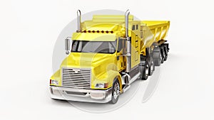 Large yellow American truck with a trailer type dump truck for transporting bulk cargo on a white background. 3d