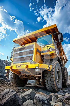 Large yellow coal mining truck at open pit quarry for extractive coal industry operations