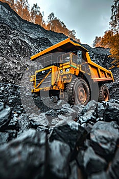 Large yellow coal mining truck in open pit quarry for extractive industry operations