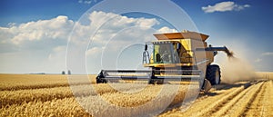 Large Yellow Combine Harvesting Wheat in Field