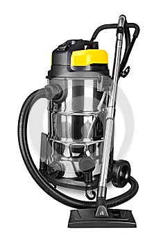 Large yellow electric proffesional wet and dry vacuum cleaner tool machine isolated white background. carpentry construction diy